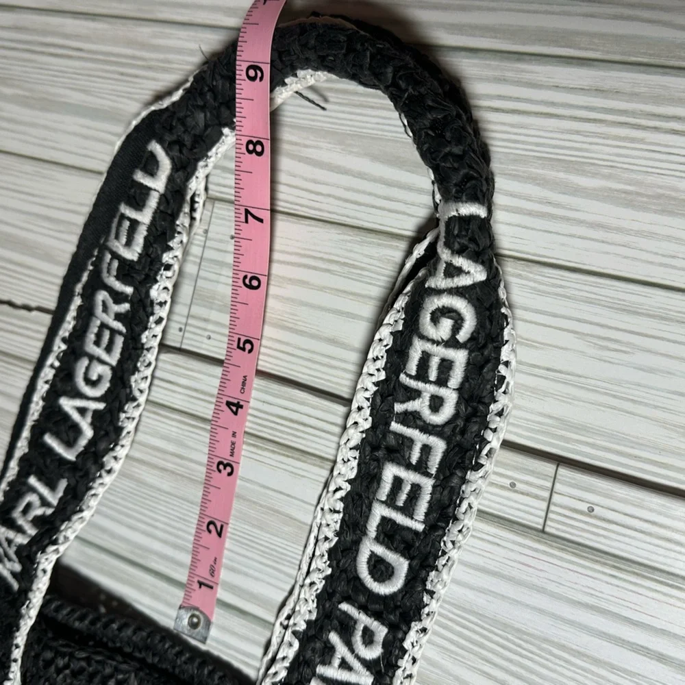Karl Lagerfeld Paris Antibes Black Woven Straw Tote Bag Logo Straps - Picture 7 of 7